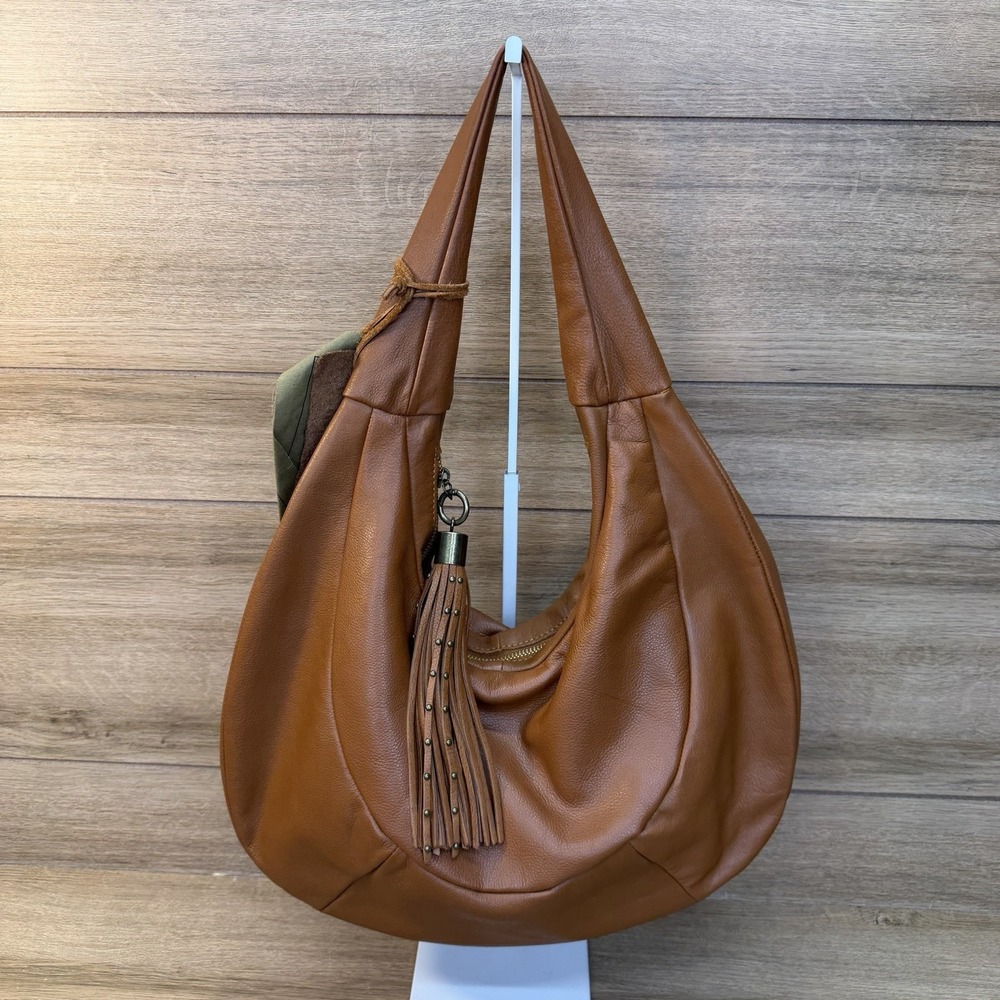Vilenca Leather Hobo Crescent Shoulder Bag Brown Slouchy Large Studded Tassel